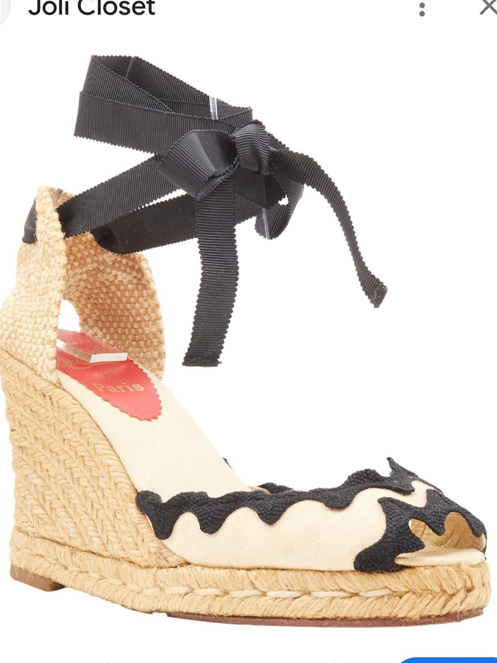 Christian Louboutin Beige Espadrille Wedges with Black Scalloped Trim